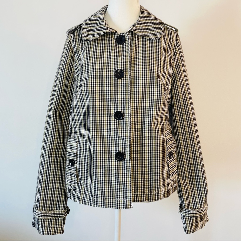 Houndstooth Trench Coat Black Green White Merona Women’s Size Medium